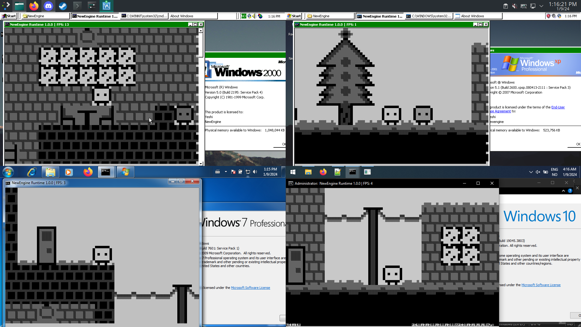 Screenshot of NewEngine running simultaneously on Windows 2000, Windows XP, Windows 7, and Windows 10.