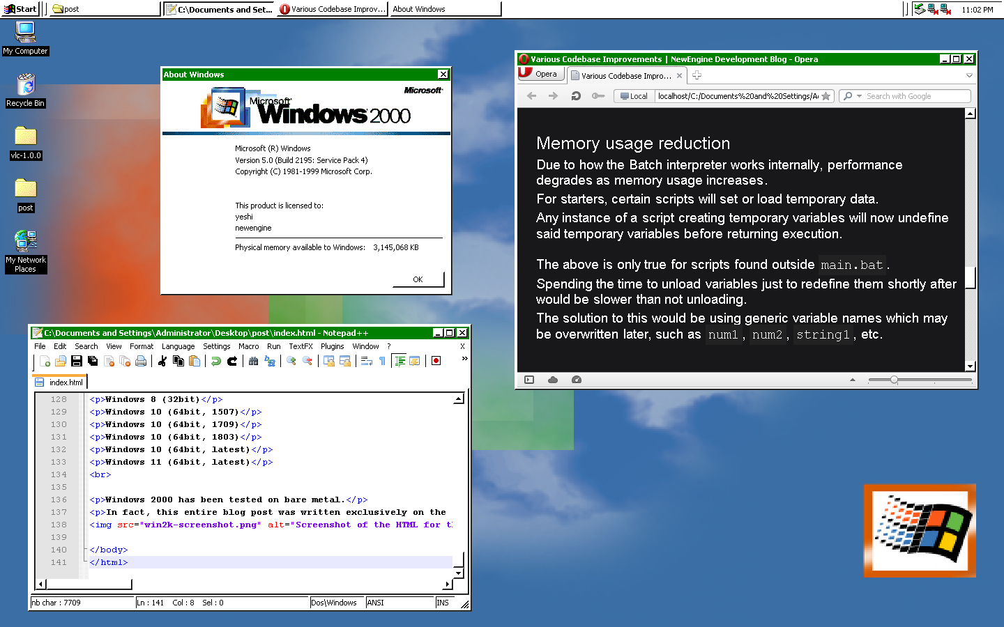 Screenshot of the HTML for this blog post being written on Windows 2000.